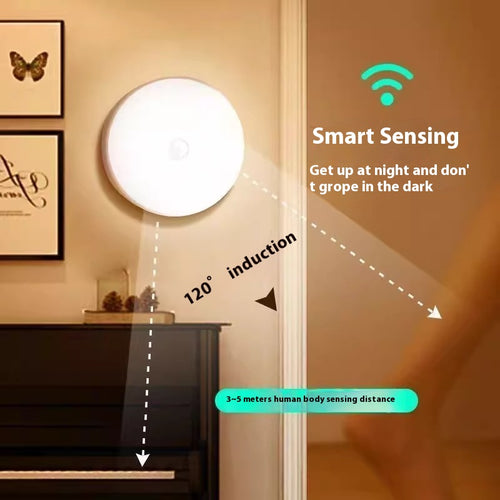 Smart sensing wall light with 120-degree induction range and human body sensing distance in a room setting.